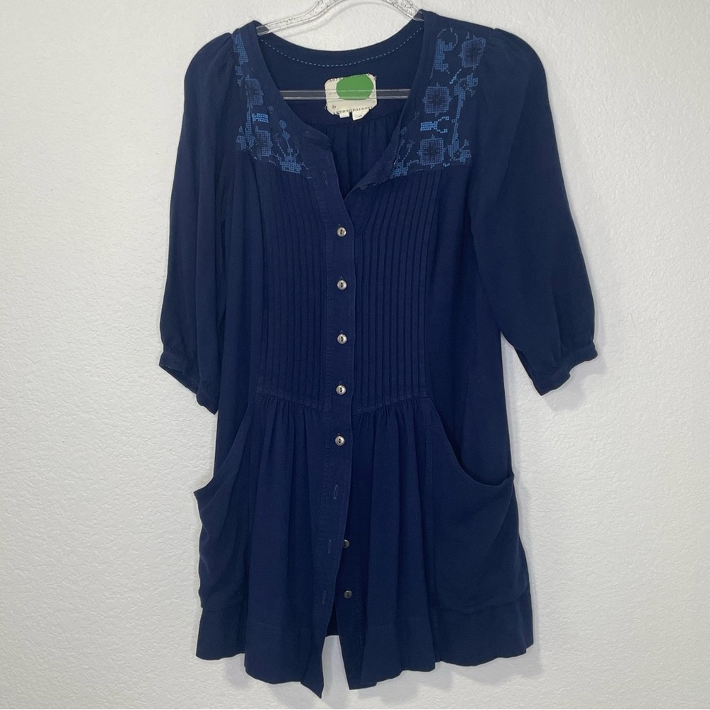 Anthropologie Dubois Embroidered Dark Blue Long Sleeve Tunic Dress Size 4